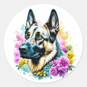 Adesivo Redondo German shepherd rodeado por Flores