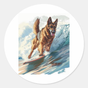 Adesivo Redondo German shepherd surfando nas ondas