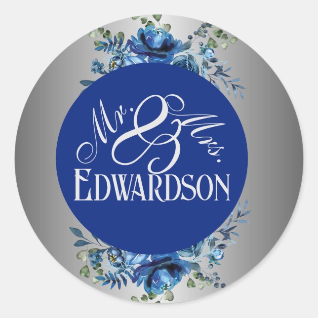 Adesivo Redondo Ghear in Love: Blue Petals & Silver Monogramed (Frente)