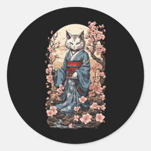 Adesivo Redondo Ghost Cat Com Kimono Japonês Yokai Folklore Desi