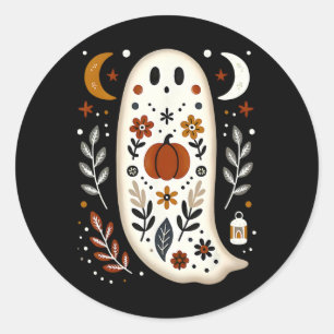 Adesivo Redondo Ghost Folk Art Floral Autumn Fall Pumpkin Spooky H