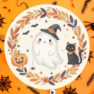 Adesivo Redondo Ghost Ghost Gato Pumpkin Autumn Wreath Halloween
