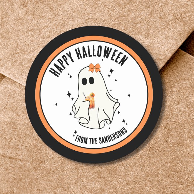 Adesivo Redondo Ghost Happy Halloween (Cute Ghost Happy Halloween Classic Round Sticker)