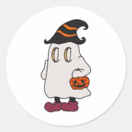 Adesivo Redondo Ghost holding pumpkin and wearing witch hat