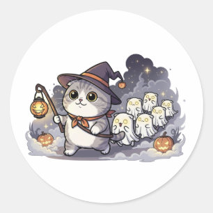 Adesivo Redondo Ghost Parade Fold - Escocês Fold Cat Líder