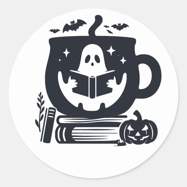 Adesivo Redondo Ghost Reading Cozy Halloween Sticker (Frente)