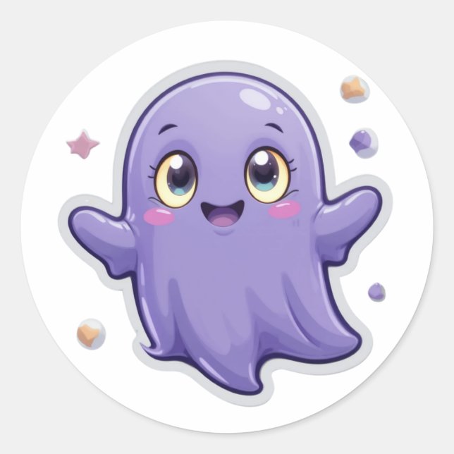 Adesivo Redondo Ghost Sticker Roxo Kawaii - Feliz Dia das Bruxas (Frente)