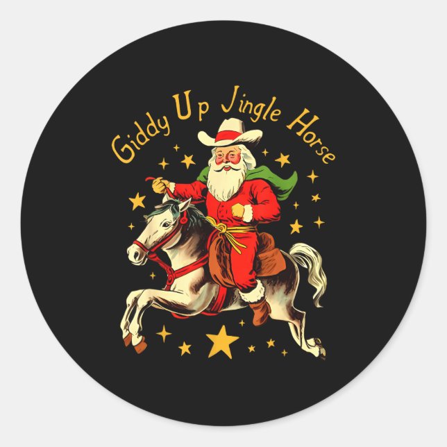 Adesivo Redondo Giddy Up Jingle Horse Funny Retro Santa Cowboy Chr (Frente)
