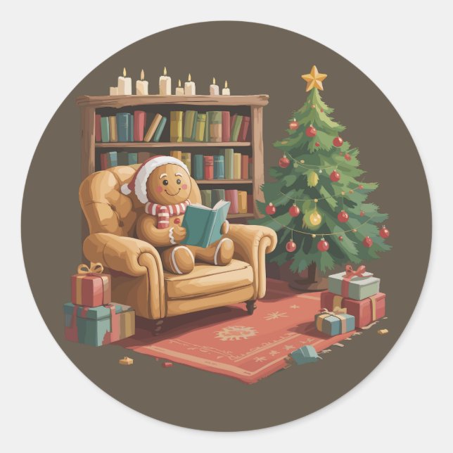 Adesivo Redondo Gingerbird Reading Books Professora de Natal (Frente)