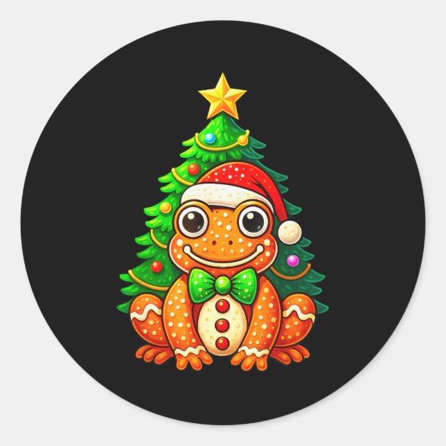 Adesivo Redondo Gingerbread Frog Wearing Santa Hat Christmas Tree  (Frente)