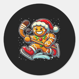 Adesivo Redondo Gingerbread Man Ice Hockey Funny Christmas Santa S