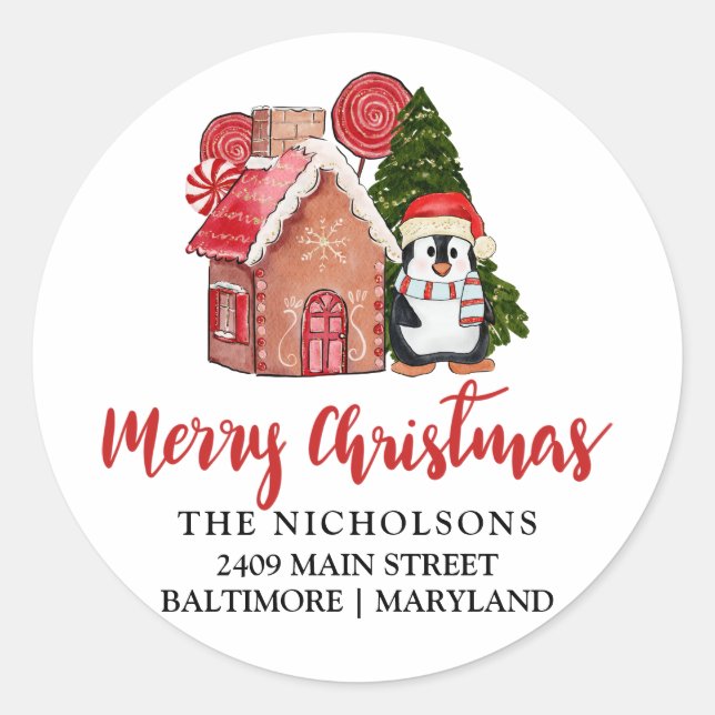 Adesivo Redondo Gingerpão de pinguim bonito | Rótulo de Endereço d (Frente)