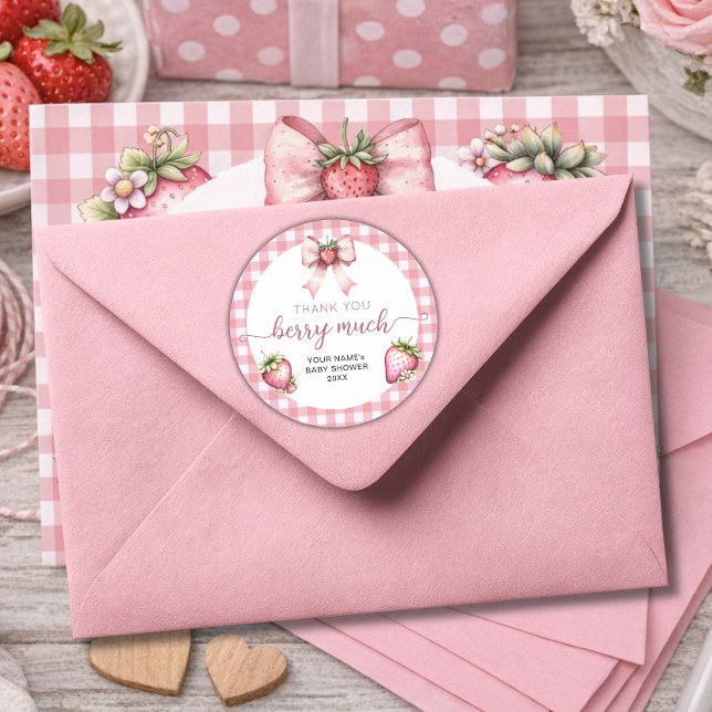 Adesivo Redondo Gingham berry sweet baby shower  (Criador carregado)