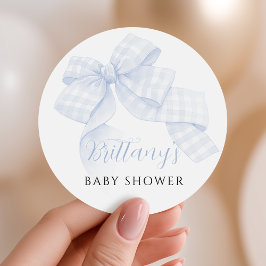 Adesivo Redondo Gingham Blue Bow Baby Shower Stickers
