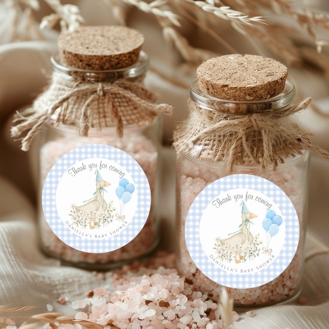 Adesivo Redondo Gingham Chá de fraldas Azul do Goose Boy Adorável (Criador carregado)