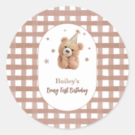 Adesivo Redondo Gingham de Primeiro Aniversário do Beary