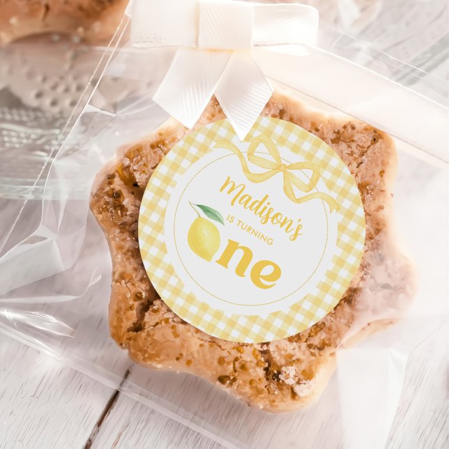 Adesivo Redondo Gingham Lemon Themed primeiro aniversario (Criador carregado)