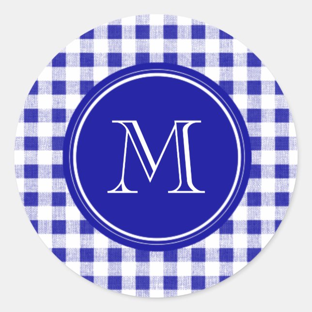 Adesivo Redondo Gingham marinho Azul e Branco, seu Monograma (Frente)