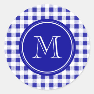 Adesivo Redondo Gingham marinho Azul e Branco, seu Monograma