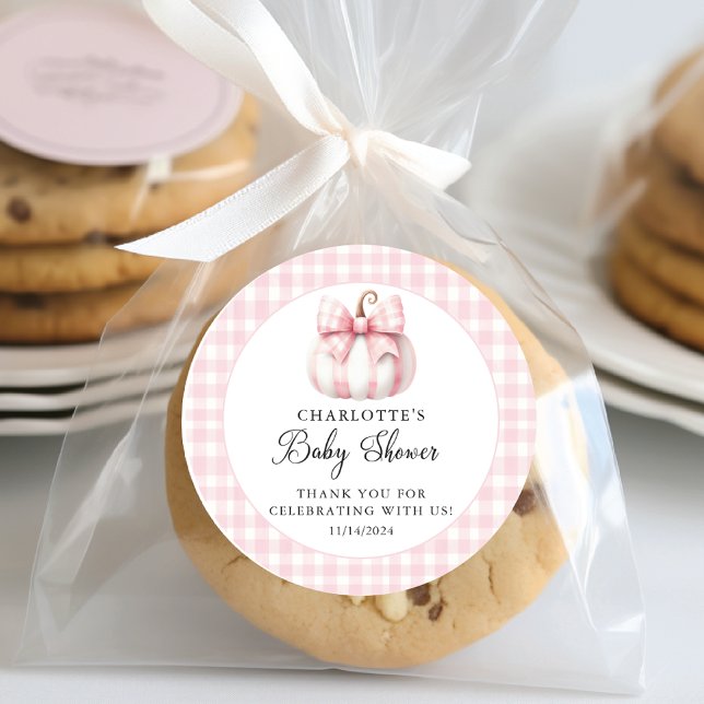 Adesivo Redondo Gingham Rosa da Pequena Abóbora (Criador carregado)