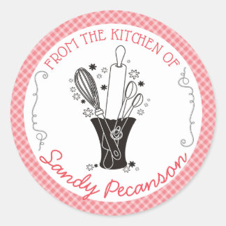 Adesivo Redondo Gingham utensílios cozinheiros vase da cozinha