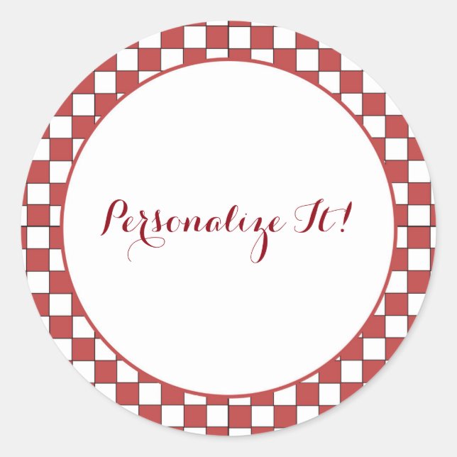 Adesivo Redondo Gingham Verificado em Vermelho e Branco (Frente)