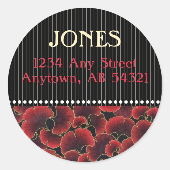 Adesivo Redondo Gingko Pinstripe Dots Classy Red Black Art Deco (Frente)