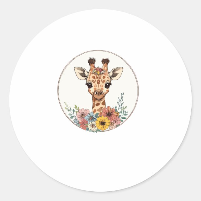Adesivo Redondo Girafa Adorável Com Flores (Frente)