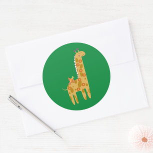 Adesivo Redondo Girafa Adorável Pássaro & Flores Dourado Laranja V