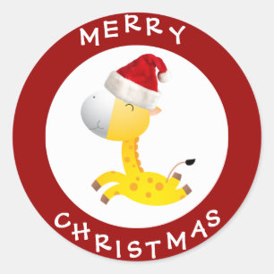 Adesivo Redondo Girafa bonita em Santa Hat com palitos de Natal ve