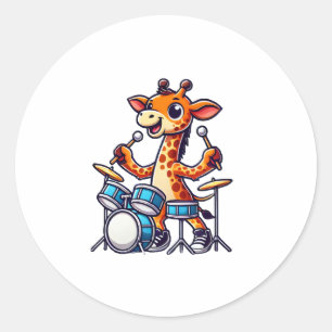 Adesivo Redondo Girafa Bonita Jogando Dragas Girafas Drummer Músic