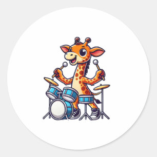 Adesivo Redondo Girafa Bonita Jogando Dragas Girafas Drummer Músic