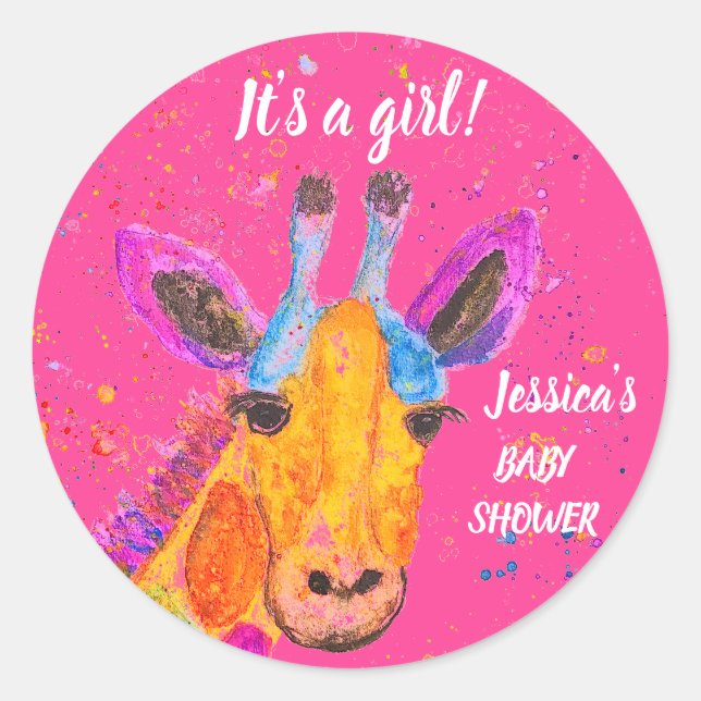 Adesivo Redondo Girafa Cachorra Aquarela Safari Chá de fraldas Sel (Frente)