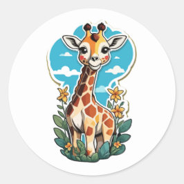 Adesivo Redondo Girafa de Cartoon Adorável com Flores Tropicais