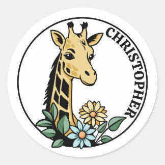 Adesivo Redondo Girafa E Flores Nome Personalizado