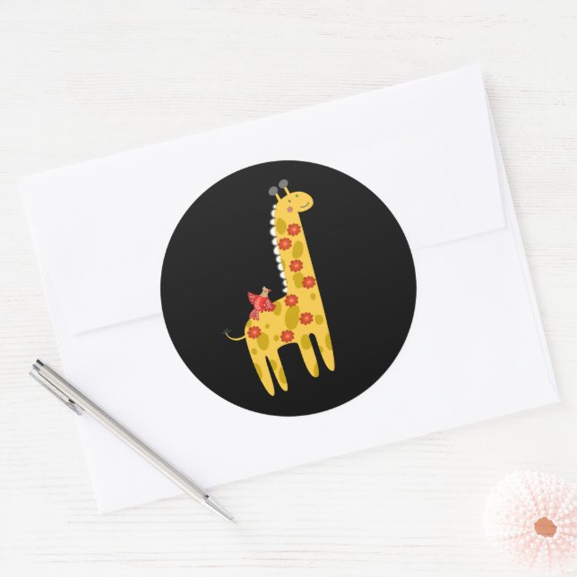 Adesivo Redondo Girafa Fofa & Flores de Pássaro Amarelo Vermelho e (Envelope)