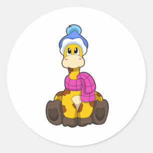 Adesivo Redondo Girafa no inverno com Scarf & Hat