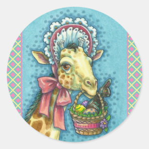 ADESIVO REDONDO GIRAFFE EM BONNET DE PÁSCOA DE PRIMAVERA, CESTA D