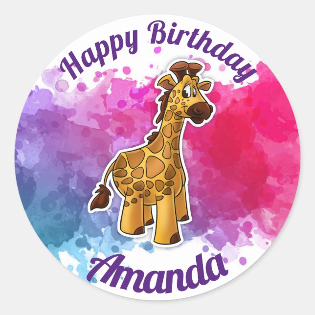 Adesivo Redondo Giraffe Happy Birthday Sticker (Frente)