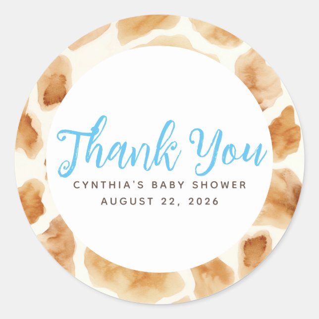 Adesivo Redondo Giraffe Pele Impressão Castanho Cinto Azul Obrigad (Frente)