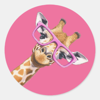 Adesivo Redondo Giraffe with Pink Glasses Cute Animal Sticker