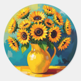 Adesivo Redondo Girassóis amarelos em um vaso amarelo