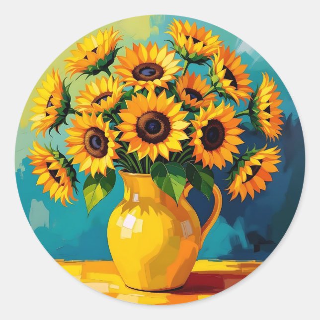 Adesivo Redondo Girassóis amarelos em um vaso amarelo (Frente)