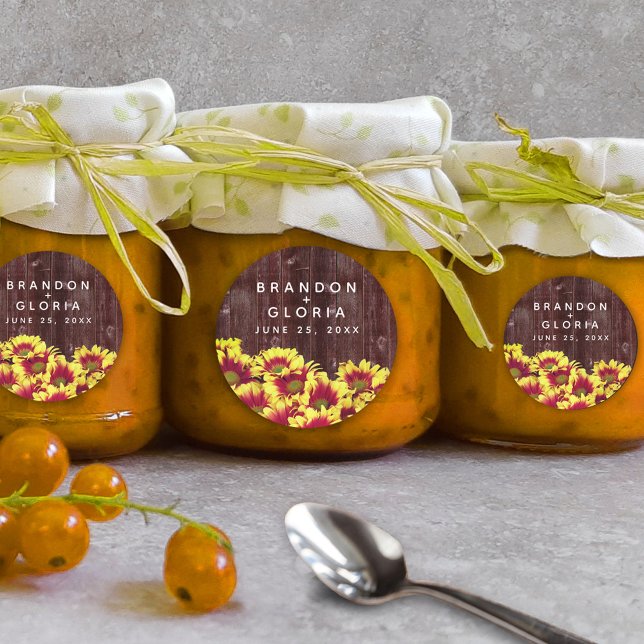 Adesivo Redondo Girassóis de outono russos no casamento de cerca (Autumn Sunflowers on Rustic Wooden Fence Wedding Round Sticker Cover Photo.)