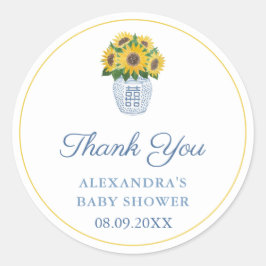 Adesivo Redondo Girassóis Em Chá Azul E Vaso Branco Obrigado