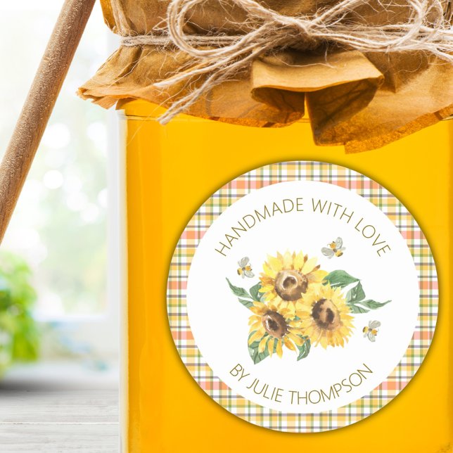 Adesivo Redondo Girassol e abelhas 🐝 Mel feito à mão (Sunflower & Bees 🐝 Plaid Handmade Honey Classic Round Sticker)