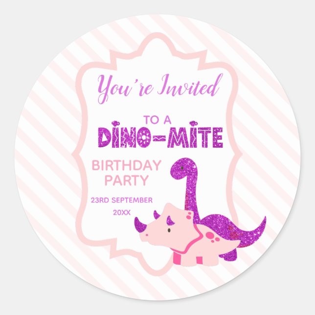Adesivo Redondo Girl Dinosaur You're Invited to a Birthday Party  (Frente)