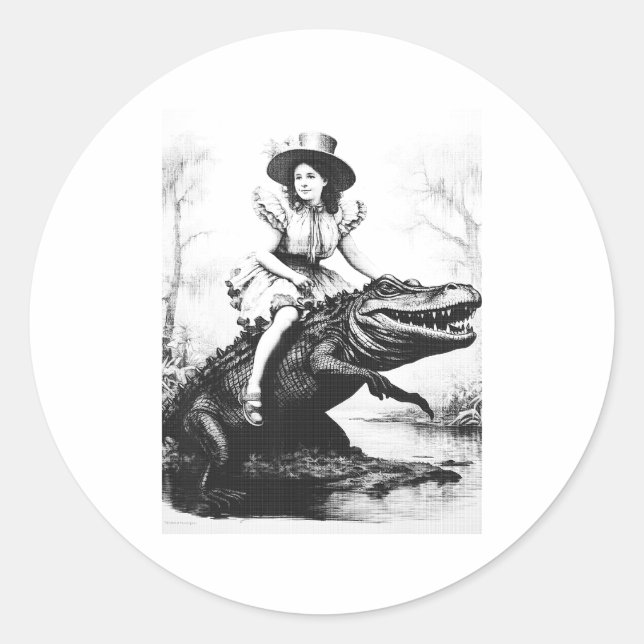 Adesivo Redondo Girl Riding Alligator _ Weird Funny Florida Crocod (Frente)