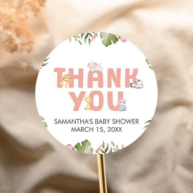 Adesivo Redondo Girl Safari Animal Baby Shower  (Safari Jungle Animals Baby Shower Sticker)