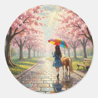Adesivo Redondo Girl with Umbrella and Pony in Rainy Park